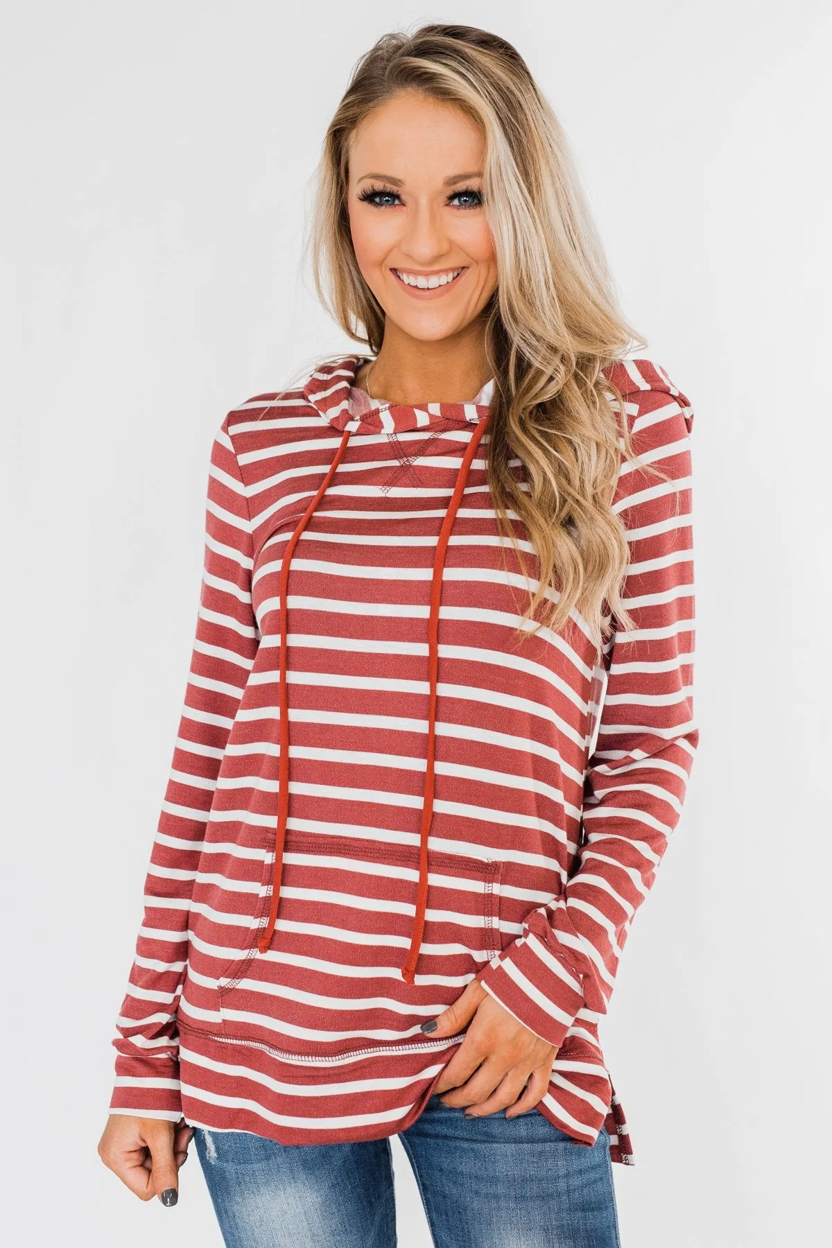 A Sure Thing Striped Tunic Hoodie- Rust & Ivory