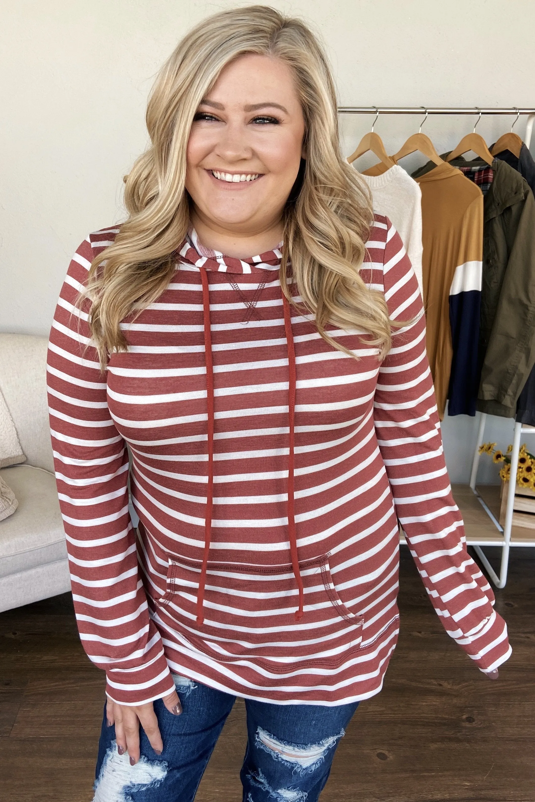 A Sure Thing Striped Tunic Hoodie- Rust & Ivory