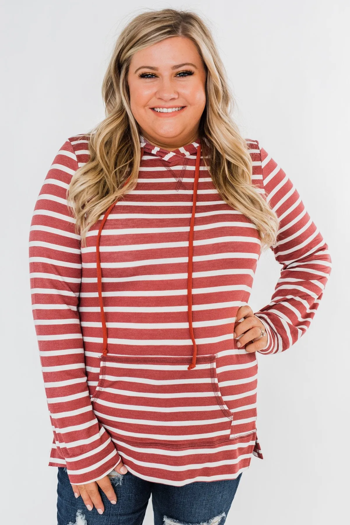 A Sure Thing Striped Tunic Hoodie- Rust & Ivory