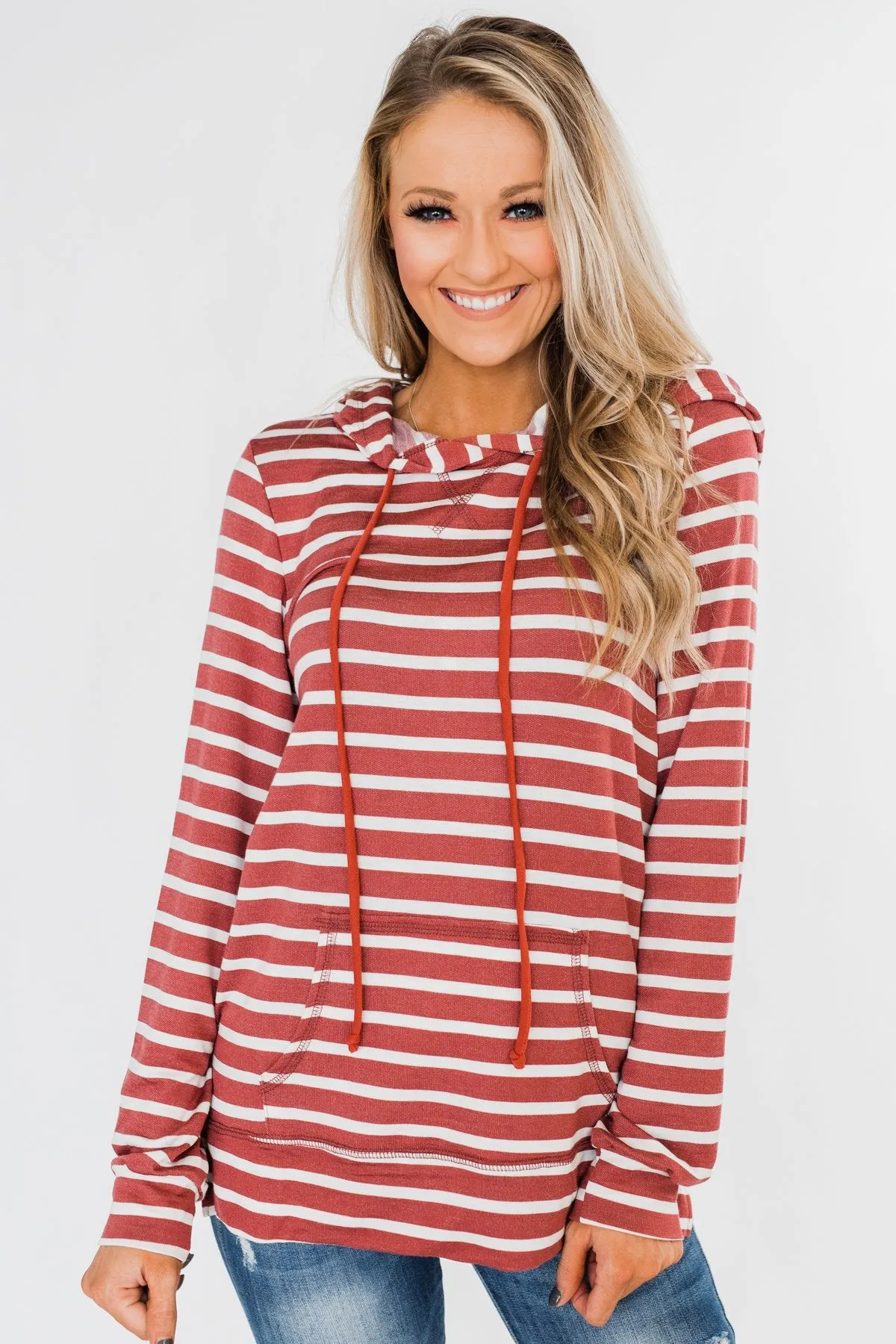 A Sure Thing Striped Tunic Hoodie- Rust & Ivory