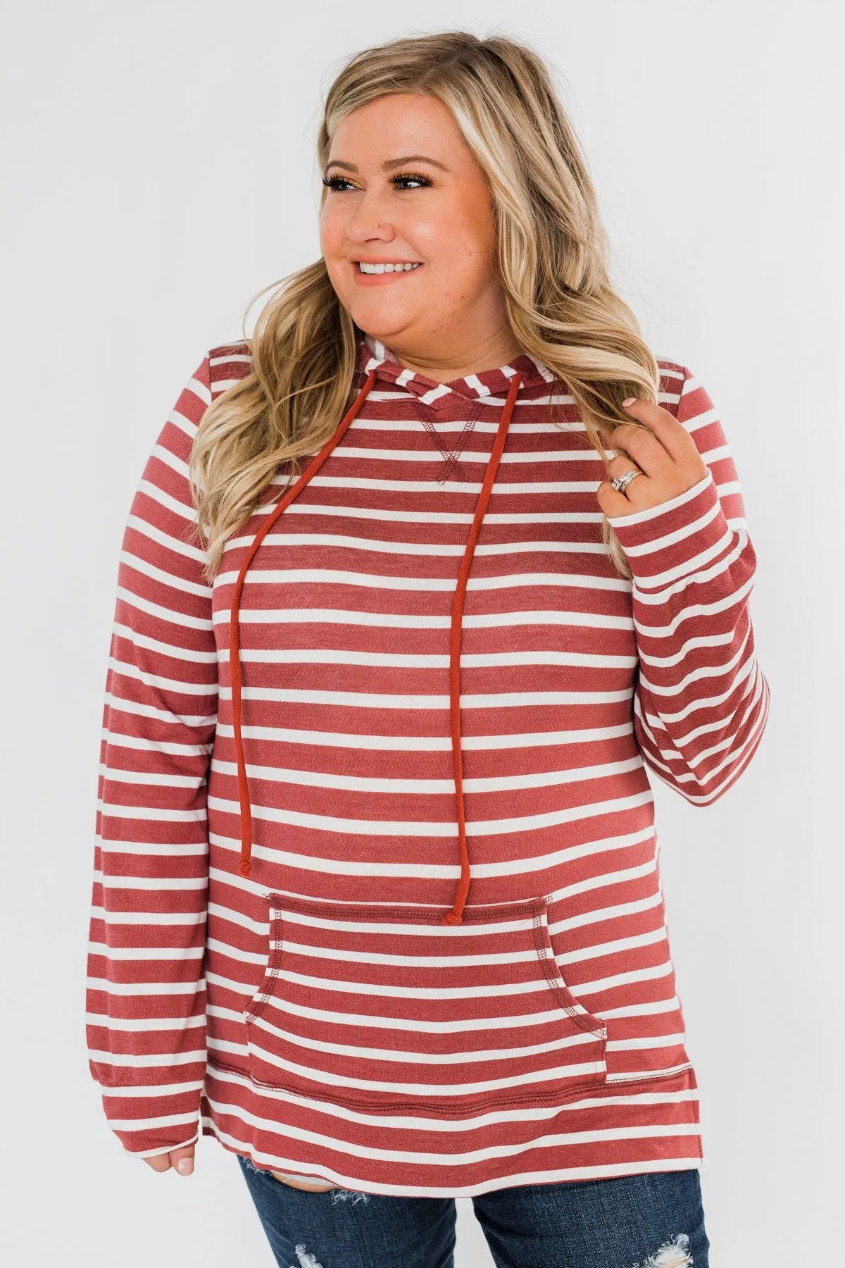 A Sure Thing Striped Tunic Hoodie- Rust & Ivory