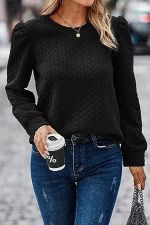 Black Quilted Puff Sleeve Sweatshirt