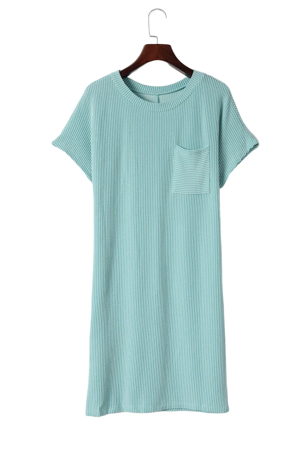 Blue Ribbed Chest Pocket Casual T Shirt Dress