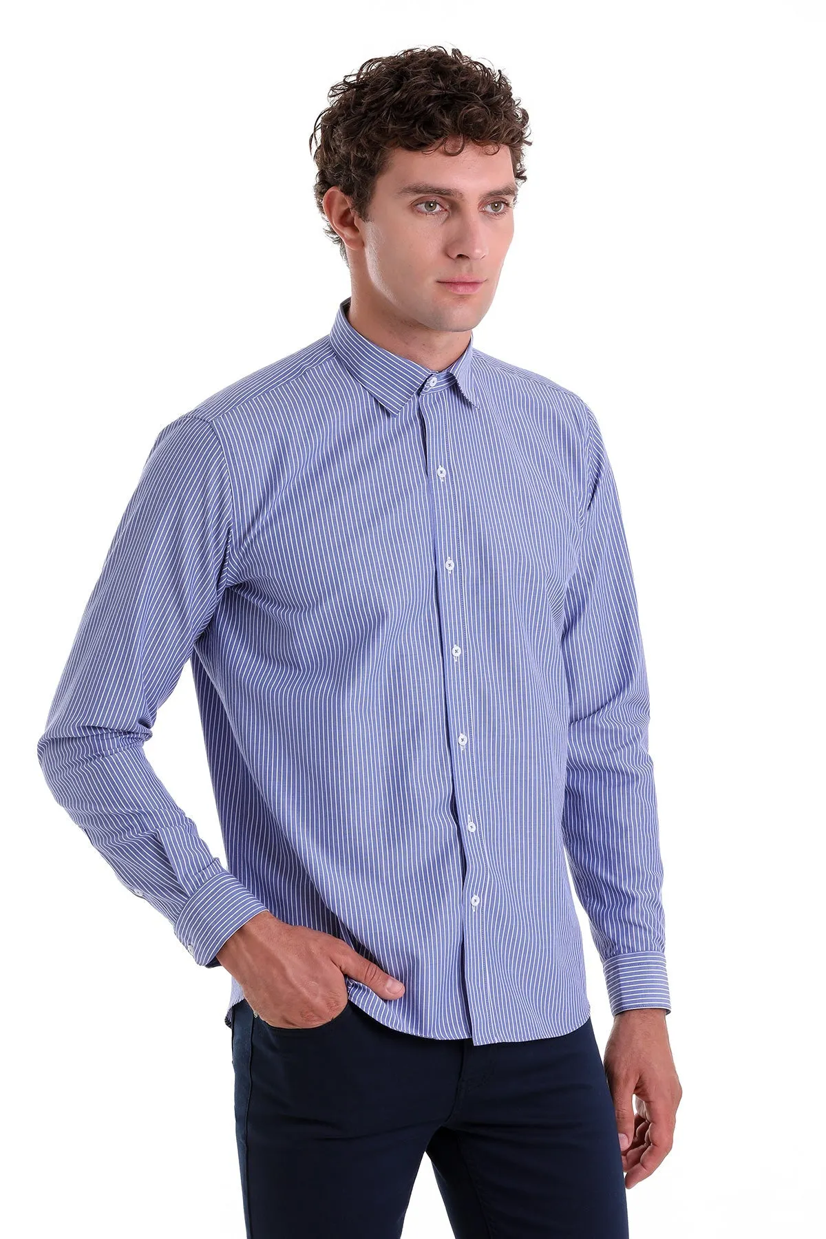 Comfort Fit Striped Cotton Blend Navy Dress Shirt