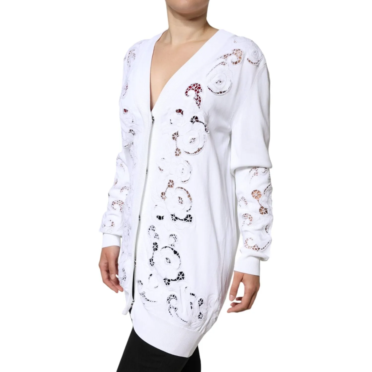 Dolce & Gabbana White Viscose Floral Cut Out Cardigan Sweater