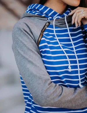 Double Hooded Charcoal and Blue Stripe Sweatshirt