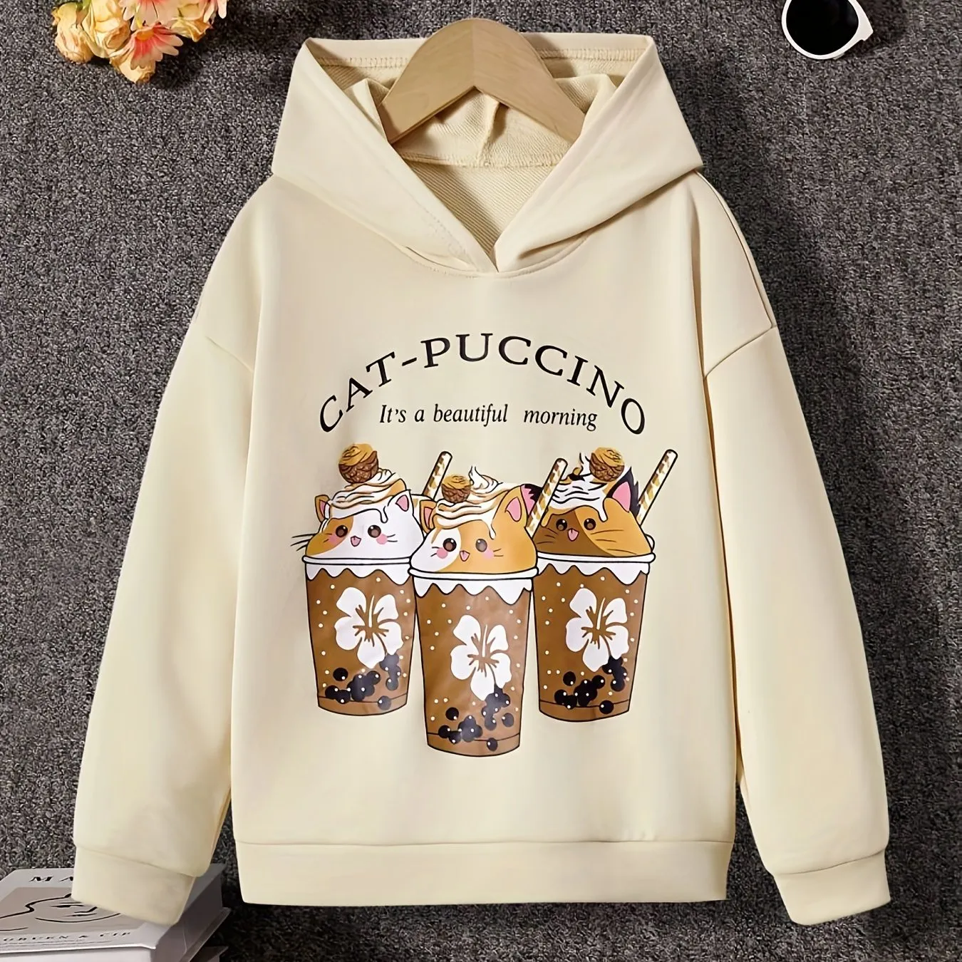 Girls' Cartoon Cat Puccino Hoodie – Cozy & Cute Sweatshirt for Spring & Autumn