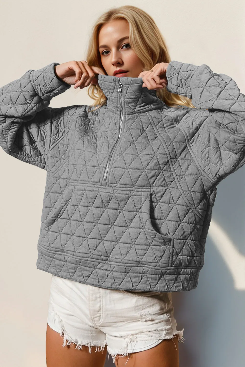 Jasmine Half Zip Quilted Sweatshirt with Pocket