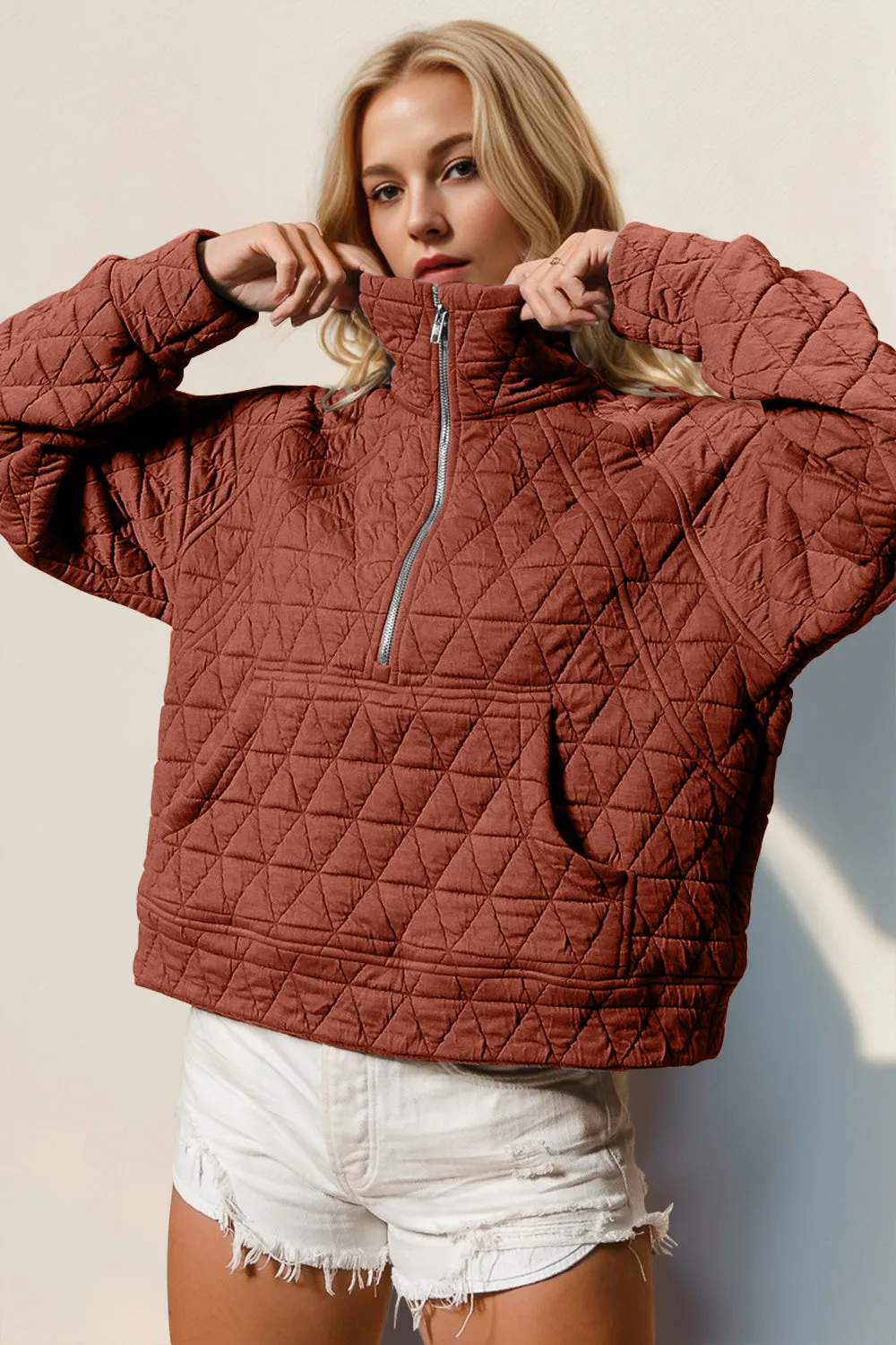 Jasmine Half Zip Quilted Sweatshirt with Pocket