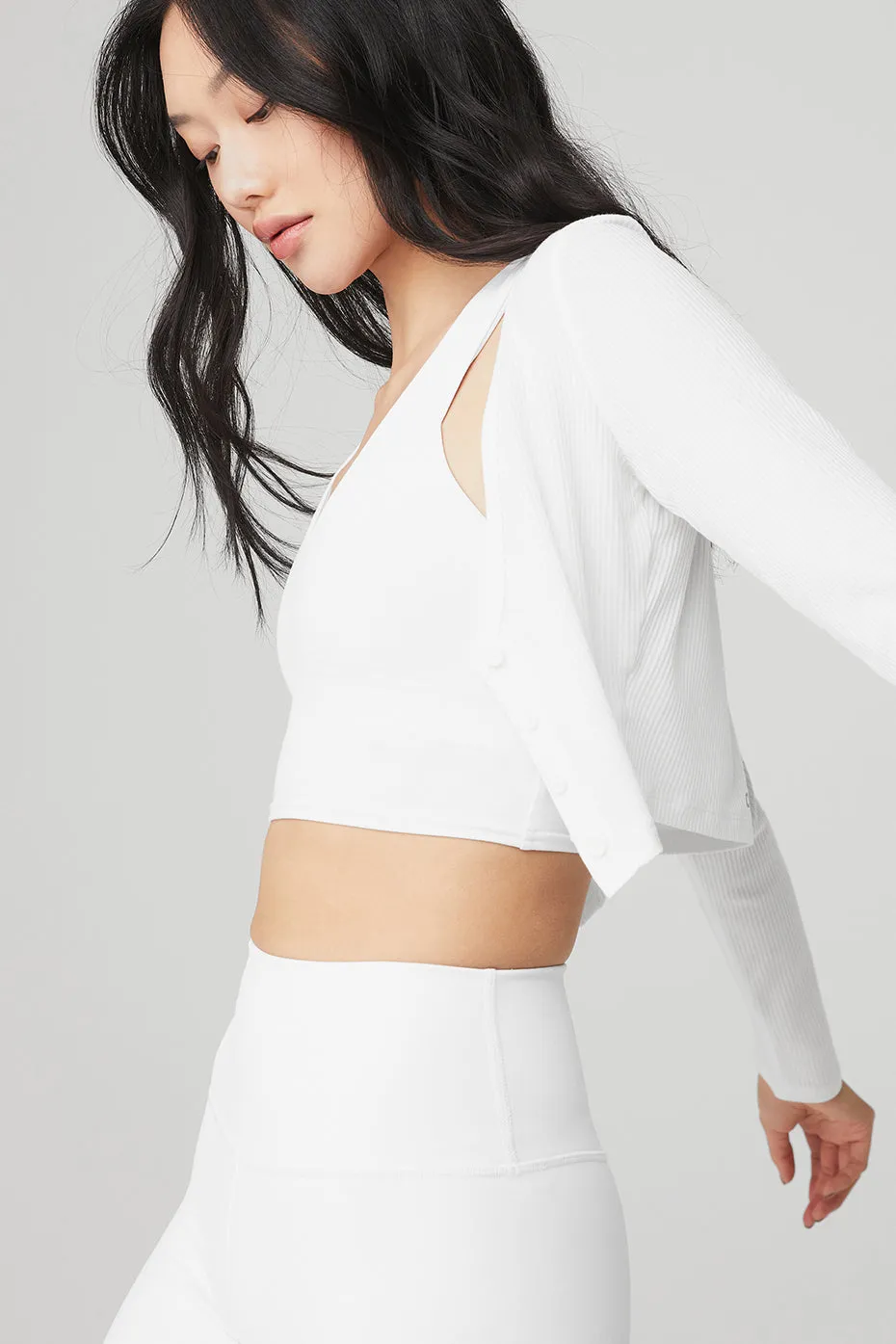 Ribbed Cropped Whisper Cardigan - White